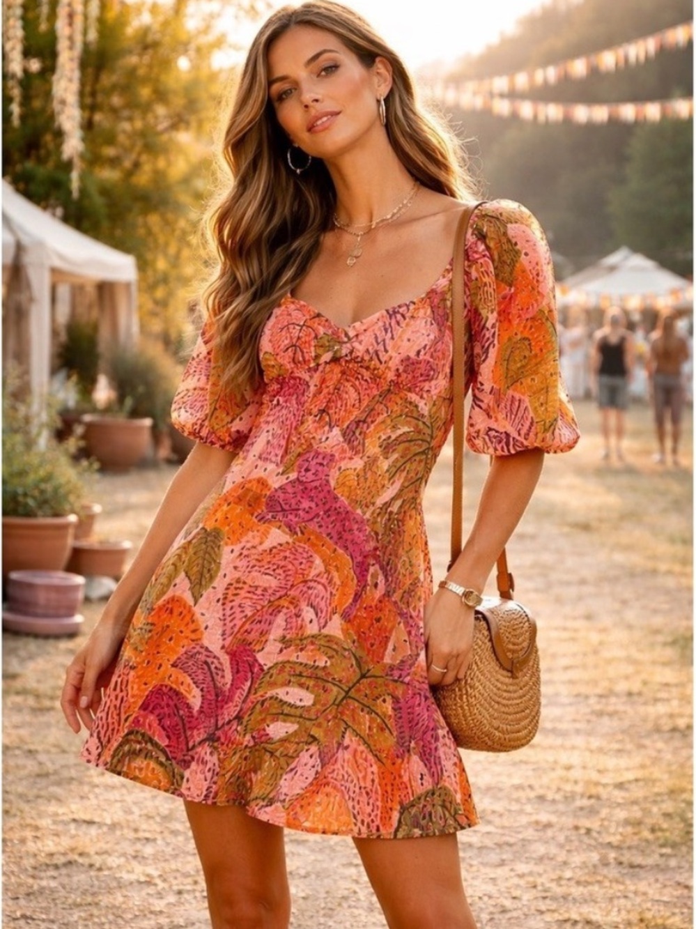 Anthropologie Kourt “Robbie” Cotton Eyelet Mini Dress, Tropical Palm Print
